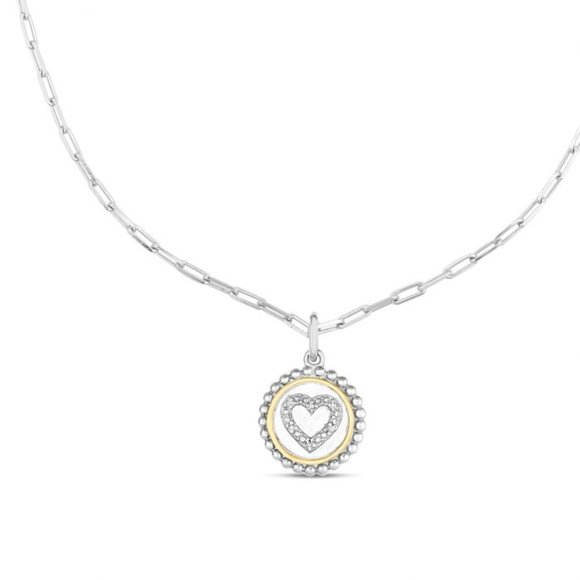18K Gold & Silver Round Heart Pendant on Paperclip Chain - Picture 1 of 1